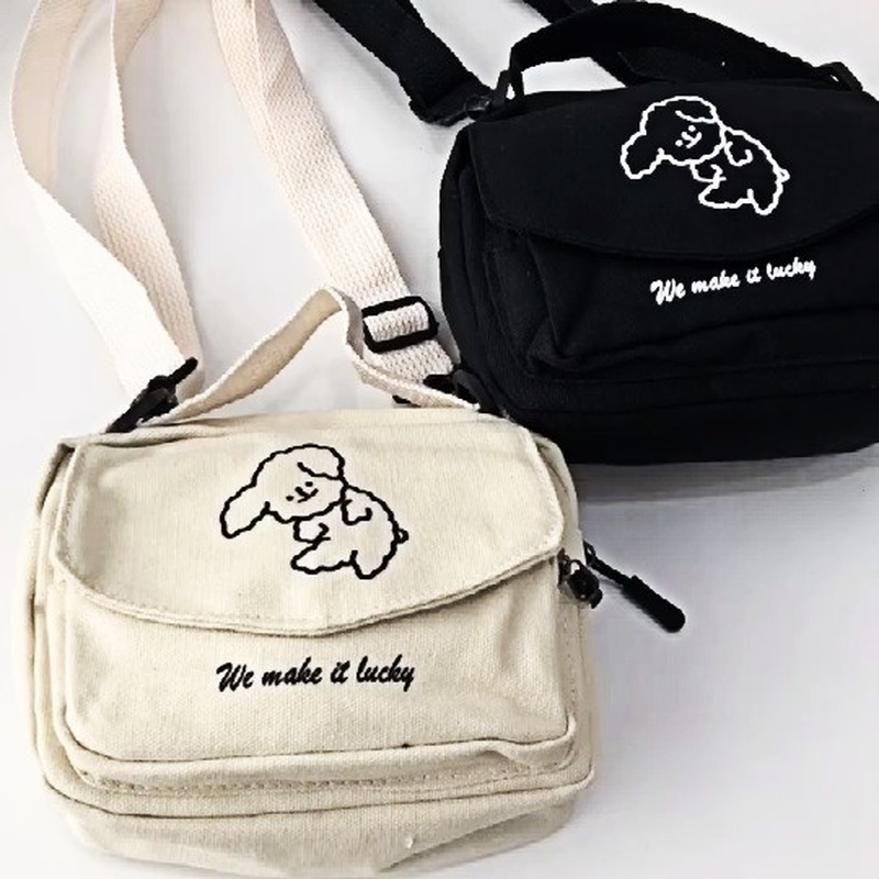 숙녀 패션 캔버스 작은 사각형 가방, 한국어 버전 다기능 귀여운 강아지 원 숄더 대각선 휴대폰 패키지